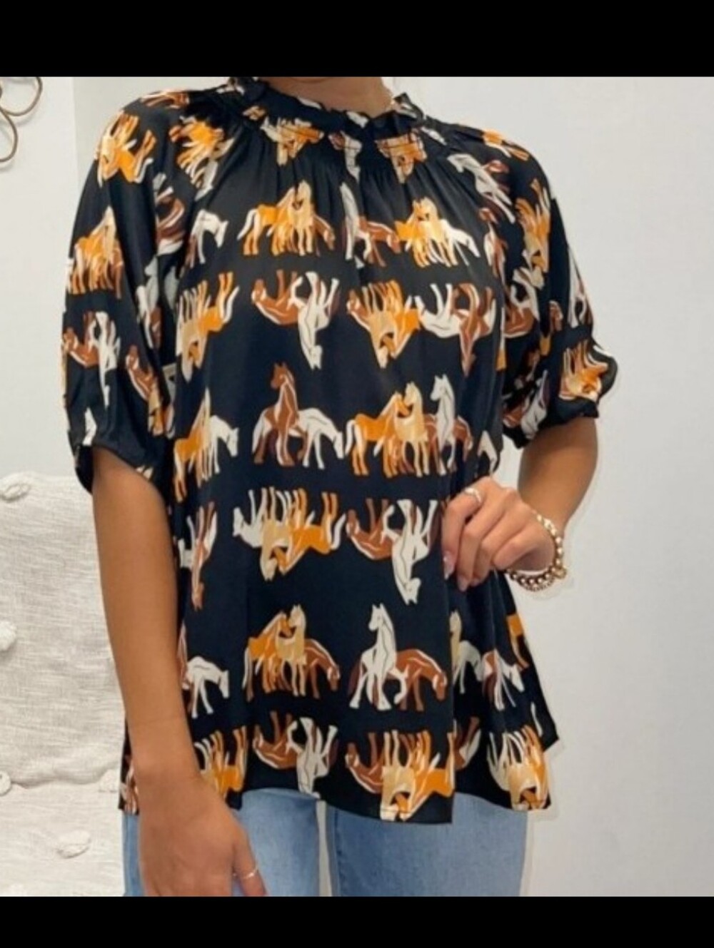 THML Black Horse-Print Equestrian Puff Sleeve Blouse LARGE